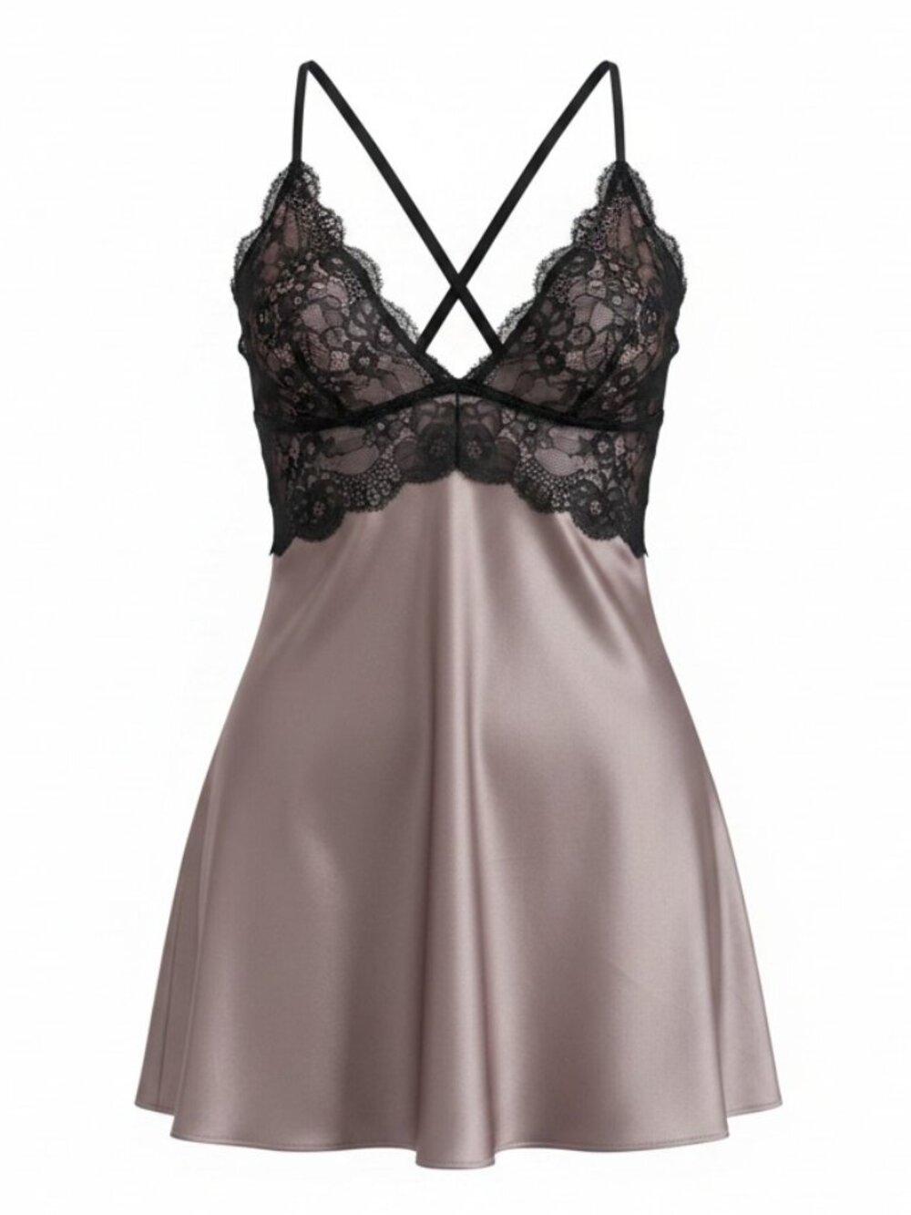 VTG Victoria's Secret Champagne Satin Black Lace Babydoll Slip Dress Size L Y2K